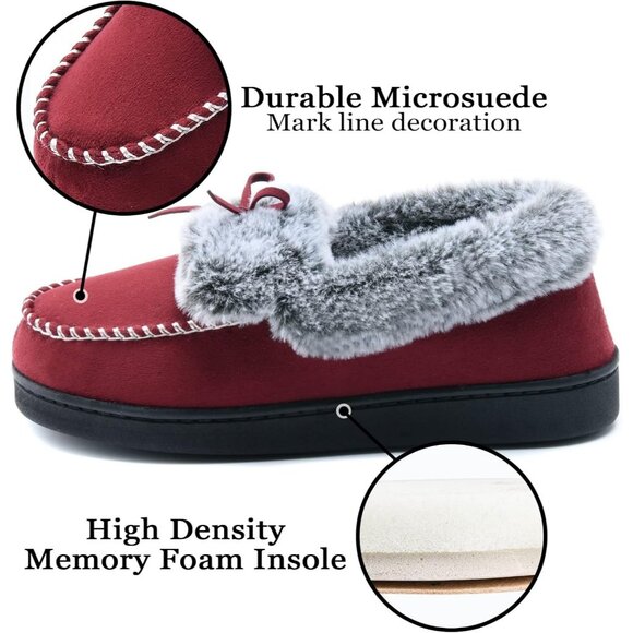 Women's Red Fuzzy Fluffy Warm Winter Soft Closed Back Fur Lined Slippers Boot - Picture 3 of 6